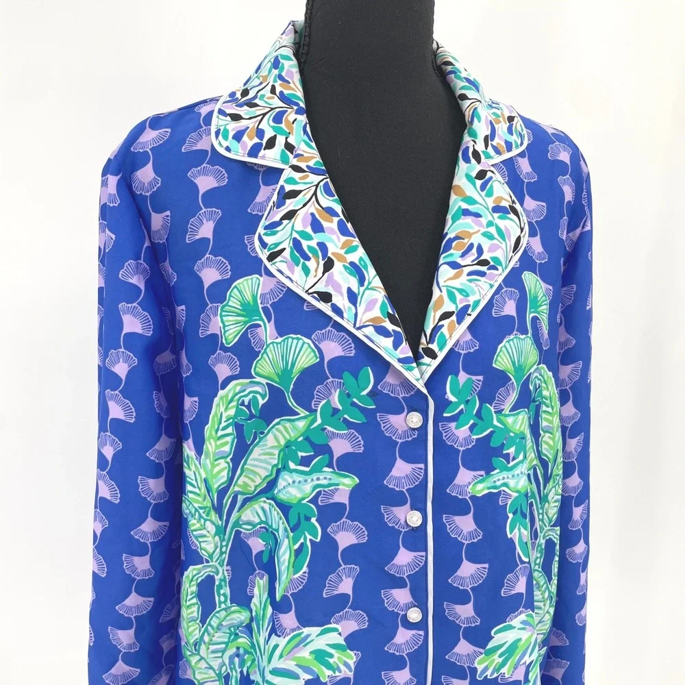 Lilly Pulitzer Winona PJ Top M Ginkgo Party Blue Purple Silky Satin Pajama Shirt